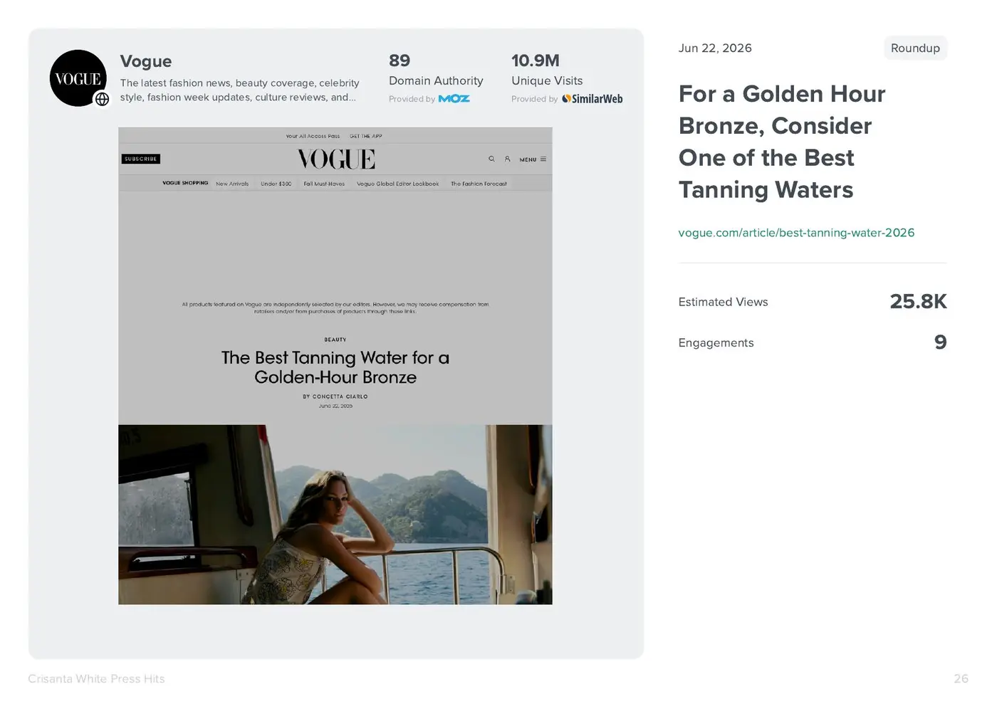 Vogue tanning water coverage featuring NUDA CloudMist